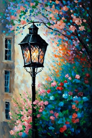 Premium Photo | A painting of a street lamp with flowers in the background. Canvas Disney Painting, Disney Painting Ideas On Canvas, Painting Ideas On Canvas Disney, Disney Painting Ideas, Lamp With Flowers, Disney Painting, Black Canvas Paintings, Dark Paintings, Disney Paintings