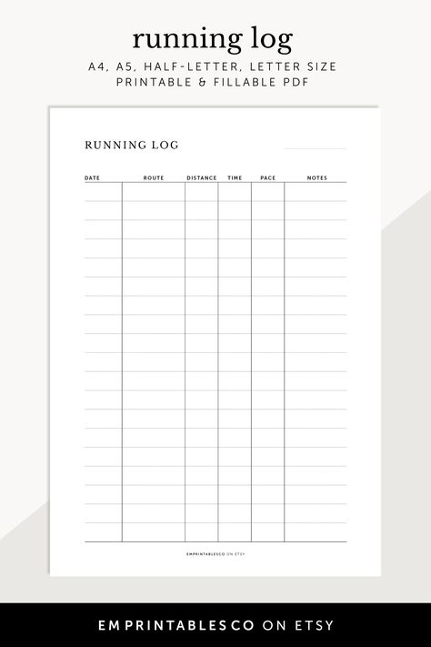 Start tracking your progress with this printable running log. This log includes everything you need to track your runs, including your date, route, distance, time, pace, and notes. You can use this log to see how you're improving over time, and to set goals for yourself. This log is perfect for runners of all levels, from beginners to experienced athletes. Workout Log Printable, Running Tracker, Aesthetic Planners, Running Journal, Planners For Men, Weekly Fitness Planner, Fitness Planner Free, Aesthetic Planner, Fitness Planner Printable