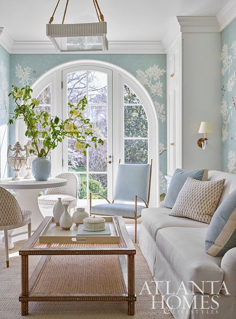 Establish Design, Blue Velvet Accent Chair, French Inspired Home, Modern Victorian, Enchanted Home, Atlanta Homes, Transitional Living Rooms, Curved Sofa, Formal Living