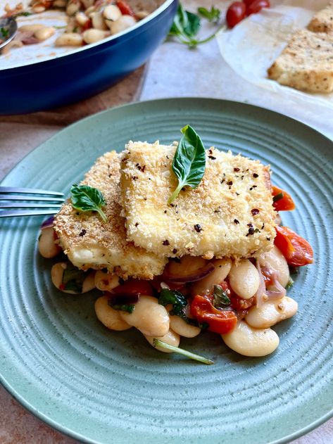 Panko baked feta with tomato and basil butter beans Basil Butter, Baked Feta, Vegetarian Recipe, Butter Beans, Vegetarian Recipes Easy, Sweet Cherries, Vegan Life, Fresh Basil, Chickpeas