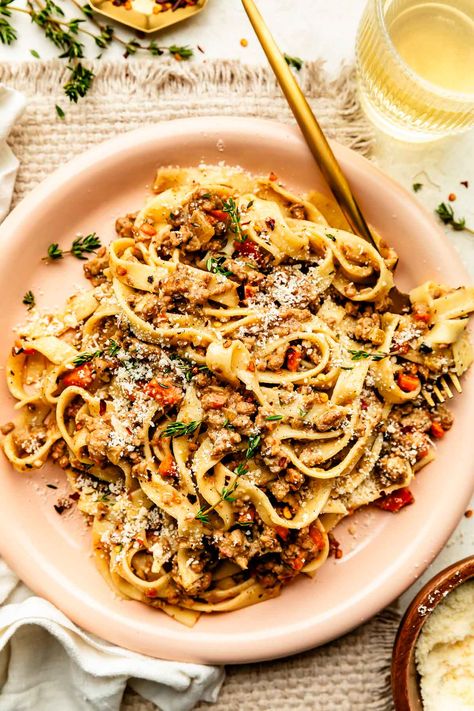 Luscious White Bolognese Sauce (Bolognese Bianco) | PWWB White Bolognese, Dinner Slow Cooker, Tagliatelle Bolognese, Italian Meat Sauce, Pork Pasta, Pancetta Pasta, Bolognese Sauce Recipe, Pasta Bolognese, Italian Pasta Dishes