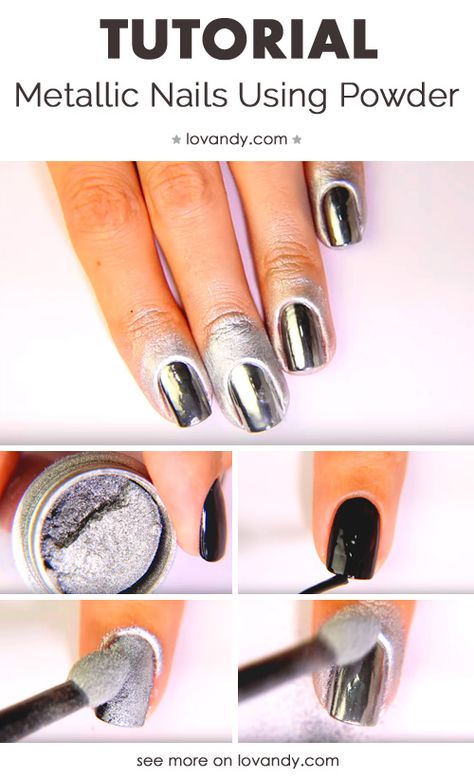 Nail Metalic Powder, How To Do Metallic Nails, Light Metallic Nails, Chrome Nails Powder, How To Use Nail Powder, How To Make Chrome Nails, Chrome Nails How To, Chrome Powder Nails Tutorial, How To Chrome Nails