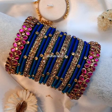 Pink and blue, a radiant blend, Whispers of love, where traditions blend. Bridal dreams that never end. 💖💙💍 . . . Design Code - Nava0049 . . “Get yours now in your favorite color! 🎨✨" . . "Customize bangles with raw silk thread! 🎨💫@nava.neela" . . DM us on Instagram or WhatsApp to 8300830771 . . #navaneela #bangles #silkthreadbangles #silkthreadjewelry #kundanbangles #weddingbangles #bridalbangles #returngifts #festivebangles #southindianbangles #bride #bangleset #weddinginspiration #Indianwe... Bangles For Bride, Magam Work, Silk Thread Bangles Design, Silk Bangles, Thread Bangles Design, Diy Jewellery Designs, Kundan Bangles, Silk Thread Jewelry, Silk Thread Bangles