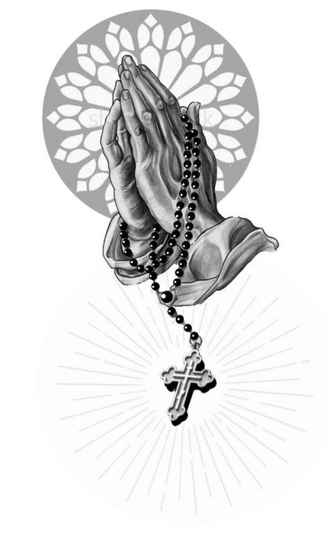 Praying Hands With Rosary, Pray Tattoo, Praying Hands Tattoo Design, Religion Tattoos, Leg Sleeve Tattoos, Leg Tattoo Ideas, Praying Hands Tattoo, Chicano Tattoos Sleeve, Heaven Tattoos