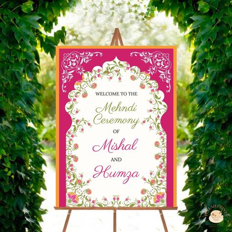 Welcome your guests with this beautiful and colorful Mehndi Welcome Sign!!🧡 Head over to FullahPrints on Etsy for more! Mehndi Entrance, Orange Welcome Sign, Dholki Sign, Mehndi Sign, Floral Mehndi, Wedding Entrance Sign, Mehndi Ceremony, Wedding Entrance, Entrance Sign