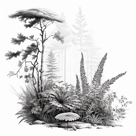 Fern Forest Tattoo, Mushroom And Fern Drawing, Ferns Drawing, Fern Sketch, Drawing Of A Forest, Fern Drawing, Fern Forest, Forest Drawing, Forest Tattoos