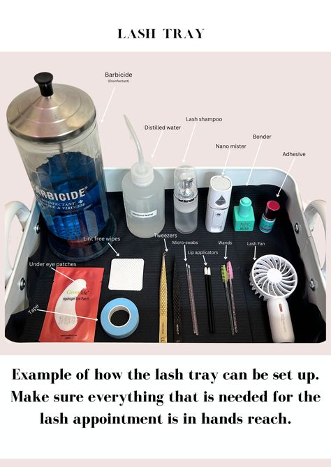 Lash Tray Setup, Lash Extension Organization, Lash Tech Accessories, Lash Extension Supply List, Traveling Lash Tech, Diy Lash Room Decor, Eyelash Extension Room Ideas, Lash Business Tips, Lash Tech Necessities