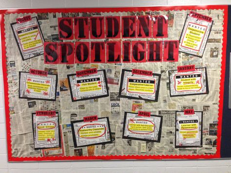 Bulletin Board: Student Spotlight- used to display students of the month- their pictures and names are added on yellow stars around each month - used newspaper for background, red border and wanted ad signage from United Art and Education Student Bulletin Board, Spotlight Bulletin Board, Bulletin Boards School, Wall Newspaper, Office Bulletin Boards, Polka Dot Classroom, Student Of The Month, Student Government, Wanted Ads