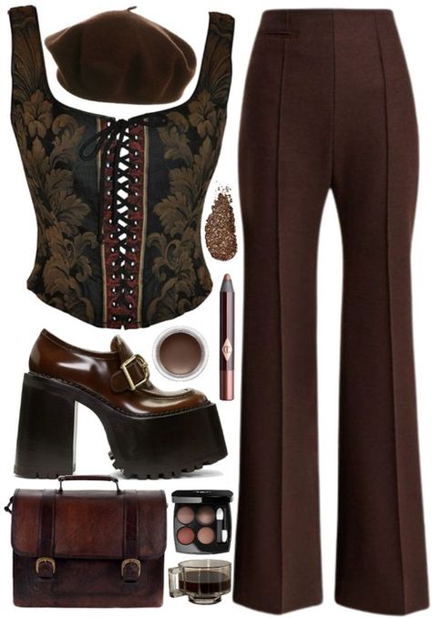 black + brown + glitter Outfit | ShopLook Brown Goth Aesthetic, Black Clothes Aesthetic, Dark Brown Outfit, Chic Edgy Outfits, Brown Goth, Brown And Black Outfit, Goth Aesthetic Outfit, Brown Aesthetic Outfit, Clothes Polyvore