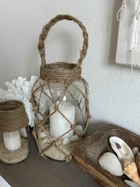 DIY Coastal Lantern Made From a Pickle Jar - An Organized Season Coastal Diy, Diy Lantern, Pickle Jar, Garage Sale Finds, Diy Wall Art Decor, Diy Lanterns, How To Make Lanterns, Pickle Jars, Jar Diy