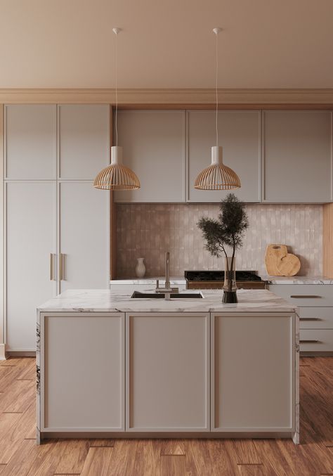 TOWNHOUSE :: Behance Classic Minimalist Kitchen, Soho House Kitchen, Minimal Classic Interior, Classic Kitchen With Island, Kitchen Island Ideas White, White Kitchen Island Ideas, Kitchen Cabinet With Island, Classical Kitchen Design, Small Island Kitchen