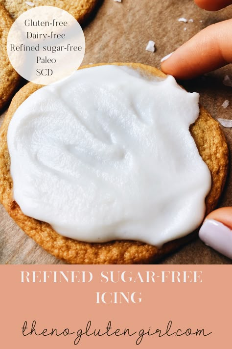 Refined Sugar-Free Coconut Butter Icing — The No Gluten Girl Coconut Butter Recipes Desserts, Coconut Milk Icing Recipe, Healthy Icing For Cookies, No Refined Sugar Icing, Healthy Cookie Icing, Coconut Sugar Frosting, Paleo Icing For Cookies, Dairy Free Sugar Cookie Icing, Healthy Icing Recipe Clean Eating