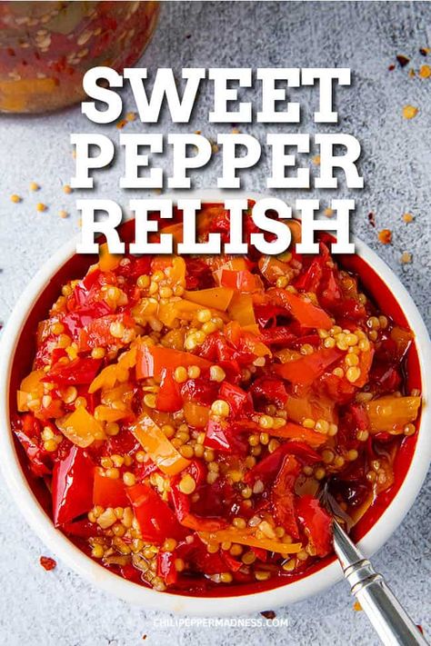 Sweet Pepper Relish Recipe - This sweet pepper relish recipe is tangy and flavorful, perfect as a sweet condiment and great for keeping your hard earned harvest. Sweet Pepper Pickles, Sweet Pepper Preserving, Sweet And Hot Pepper Relish, Canned Sweet Pepper Relish, Sweet Chili Pepper Recipes, Bell Pepper Relish Canning, Chili Relish Recipe, Pepper Chutney Recipes, Chili Pepper Canning Recipes