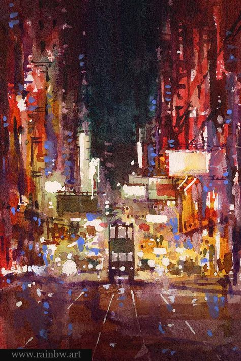 香港水彩畫 Watercolor painting by artist RAINB.W of the Causeway Bay area in Hong Kong. Depicting the streets at night and the bustling city aesthetic with glowing lights. More of her work can be seen at www.rainbw.art. Hong Kong City Night, Hong Kong Watercolor, City At Night Painting, City Lights Painting, Hong Kong Painting, Hong Kong Aesthetic, Bay Painting, Art Coursework, Hong Kong Night