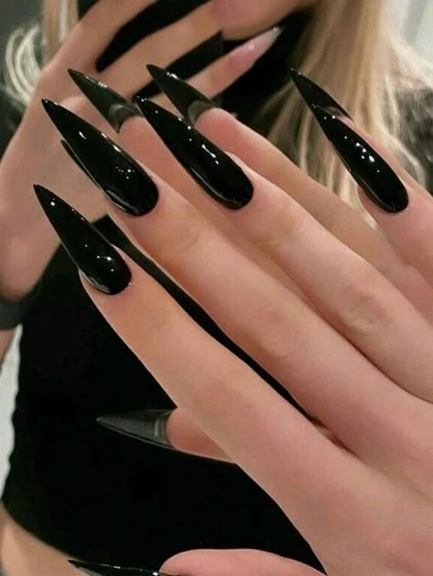 Transform Your Nails with 24pcs Extra Long Stiletto French style Modern classic simple BLACK Solid Color Full Cover Fake Nail Kit for daily wear at parties and dances | SHEIN UK Ongles Goth, Long Black Nails, Black Stiletto Nails, Long Stiletto Nails, Sharp Nails, Black Acrylic Nails, Gothic Nails, Goth Nails, Pointed Nails