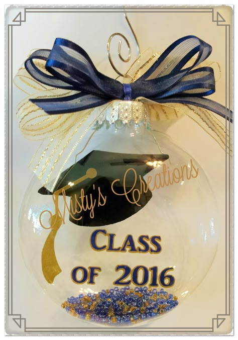 Graduation keepsake 3" glass ornament done with blue and gold. Senior Ornaments, Vinyl Christmas Ornaments, Christmas Art Ideas, Graduation Keepsake, Graduation Ornament, Homemade Christmas Ornaments, Custom Ornaments, Senior Gifts, Graduation Cap Decoration