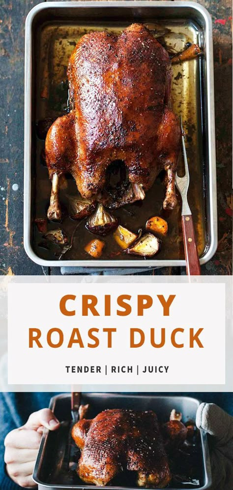 Roasted Duck Whole Recipe, Single Holidays, Whole Duck Recipes, Crispy Duck Recipes, Duck Dinner, Keto Bread Easy, Roasted Duck Recipes, Goose Recipes, Roasted Duck