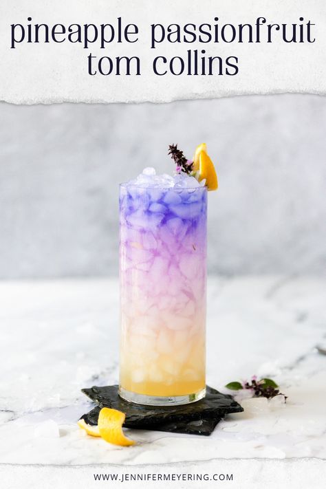 Traditional Tom Collins made into a fun, colorful twist with pineapple juice, passionfruit nectar, and layered with Empress Gin. Tom Collins Recipe, Passionfruit Cocktail, Empress Gin, Rosé Sangria, Layered Cocktails, Layered Drinks, Craft Cocktail Recipe, Cafe Mocha, Wine Spritzer