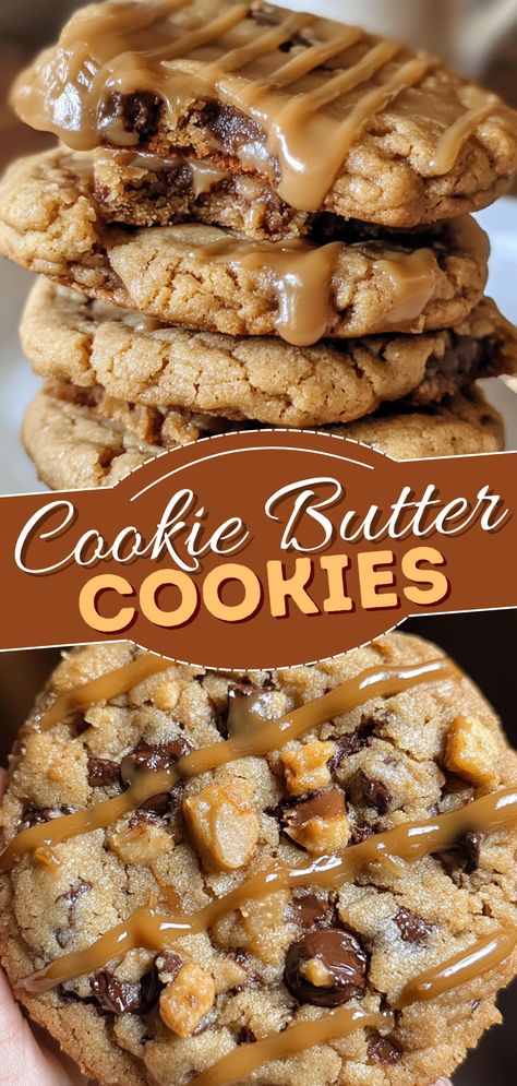 Easy Dessert Recipes: Cookie Butter Cookies Melted Butter Cookies Recipes, No Bake Cookie Butter Cookies, Cookie Butter Drizzle, Bulk Cookies Recipes, Cookies With Caramel Sauce, Carmel Chips Cookies, Dump Cookies Recipes, Cookie Butter Recipes Homemade, Cookie Butter Recipes Snacks