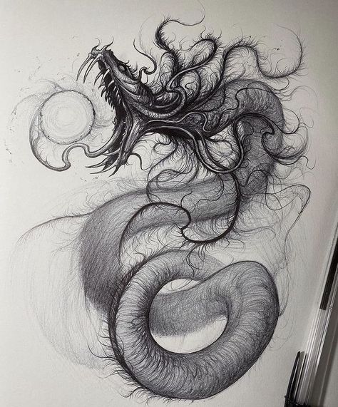 Quetzalcoatl Drawing, Monster Sketch, Monster Tattoo, Medieval Tattoo, Black Art Tattoo, Choose Her, Blackwork Designs, Snake Drawing, Shiva Tattoo Design