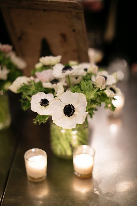 July Wedding Centerpieces, Centerpieces Fairy Lights, Anemone Centerpiece, Seed Confetti, Anemone Bridal Bouquet, Tulip Peony, Green And White Florals, Sf City Hall Elopement, Lace Centerpieces