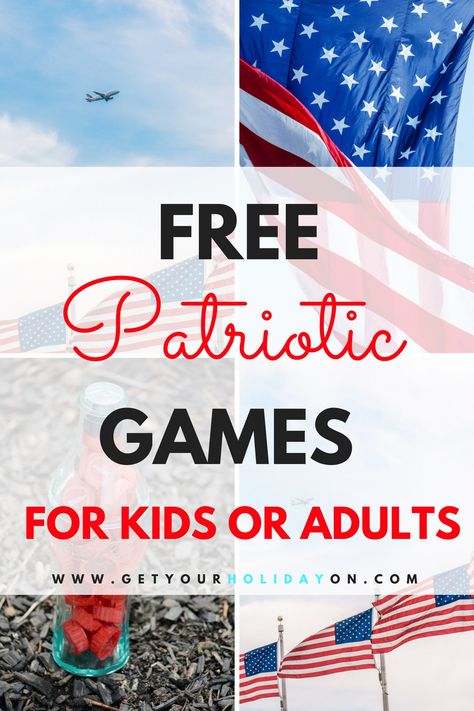 Free Patriotic Games for Kids and Adults #patriotic #DIY #memorialday #4thofjuly July 4th Games For Families, Bbq Activities, Cookout Ideas, Patriotic Birthday, Independence Day Activities, Memorial Day Activities, Patriotic Activities, July Activities, Patriotic Kids