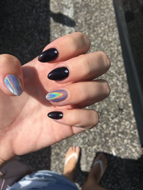 Nails Almond Black, Random Nails, Nails Holographic, Black Almond Nails, Pretty Fingers, Black Holographic, Lovely Nails, Short Acrylic, Almond Acrylic Nails