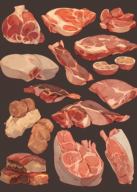 Meat Art Reference, Scary Food Drawing, Eating Meat Drawing Reference, Meat Drawing Reference, How To Draw Meat, Eating Art Reference, Food Reference Drawing, Meat Illustrations, Food Illustration Art Graphics