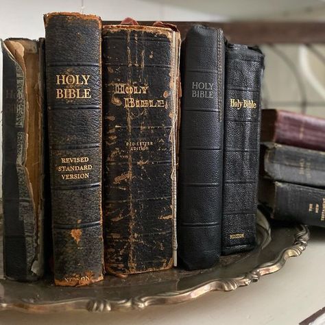 Sandy 🤍 on Instagram: "I just couldn’t resist playing along with the new #rustyweatheredandworn and their theme this week old bibles. I have been collecting leathered bound bibles for awhile and recently found the largest one (center of photo) in a box that belonged to my grandmother. It was all wrapped up in paper and marked “family bible, needs to be rebound”. I fell in love with it just as is, tattered, well loved and now proudly displayed amongst my others. 🤍 #lovestillphotos #visionsofvin Bible Collection, Old Bible, Bible Design, Vintage Bible, Office Furniture Set, Oldest Bible, To My Grandmother, Family Bible, Divine Providence