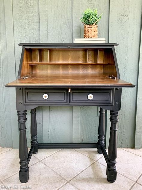 This small secretary desk makeover in classic black chalk paint is beautiful. It's a desk that will work in most styles of homes! When painting furniture to flip, going with a classic color can lead to faster sales. #painteddesk #secretarydesk Writers Desk Makeover, Small Desk Makeover, Repurposed Secretary Desk, Secretary Desk Makeover Ideas, Diy Small Desk, Small Secretary Desk, Painted Secretary Desks, Styles Of Homes, Secretary Desk Makeover