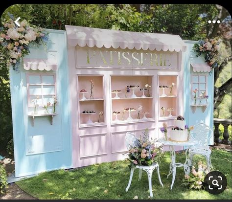 French Backdrop Themed Parties, Unique Dessert Table Ideas, Paris Cafe Decor, Candy Shop Christmas Decor, Storefront Backdrop, Bakery Themed Party, Tea Party Backdrop Ideas, French Carousel, Tea Party Backdrop