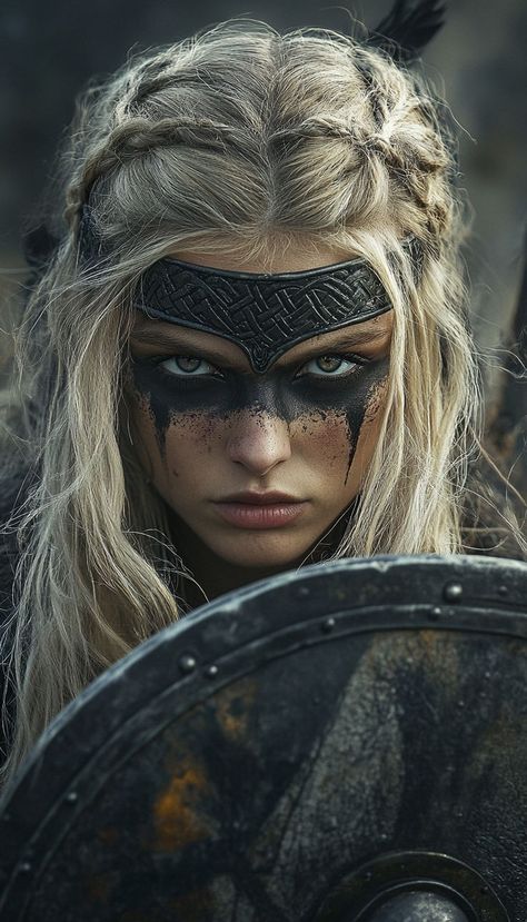 Warrior Eye Makeup, Viking Shield Maiden Makeup, Viking Warrior Woman Costumes, Celts Warrior, Viking Women Costume, Viking Shield Maiden Costume, Woman Viking Costume, Amazoness Warrior, Viking Halloween Costume Women