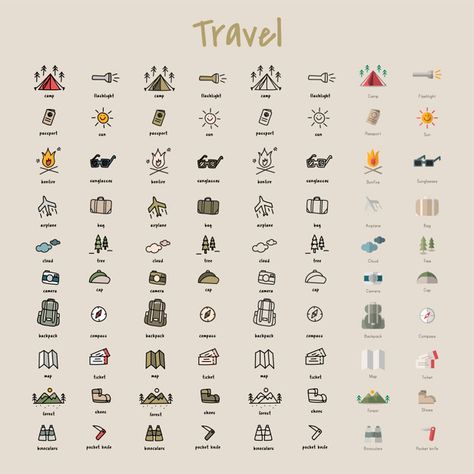 Camping Illustration, Travel Symbols, Travel Doodles, Camping Icons, Icon Images, Ui Ux 디자인, Adventure Logo, Design Camp, Free Vector Illustration