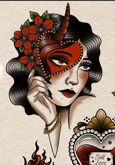 Traditional Lady Head Tattoo Flash, Romani Tattoos, Lady Head Tattoo, Drawing Women, Bridesmaids Proposal, Art Flash, Witch Tattoo, Head Tattoos, Traditional Tattoos