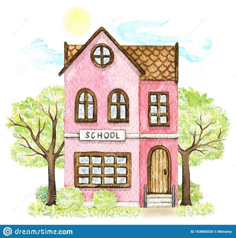 Building Cartoon, Pink Grass, Pink Cartoon, Painted Illustration, Building Drawing, Background Watercolor, School Building, Business Flyer Templates, Landscape Trees