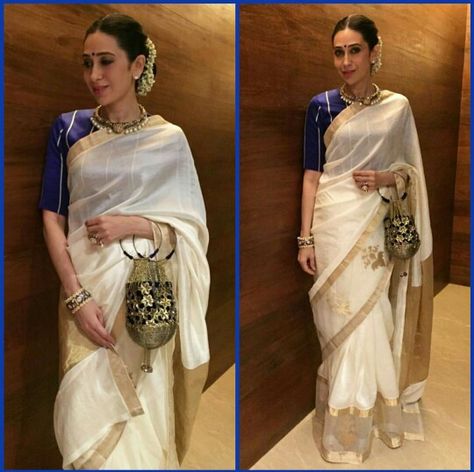 Karishma Kapoor goes ommanakutty style! Kerala Saree Blouse, White Sari, Kerala Saree Blouse Designs, Karishma Kapoor, Kasavu Saree, Kerala Saree, Raw Mango, Chanderi Silk Saree, Wedding Blouse Designs