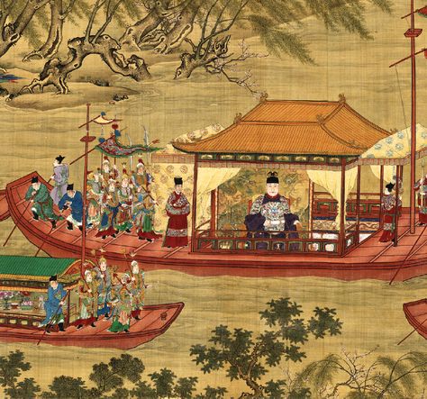 Chinese emperor traveling by the boat, meticulous-style ink painting by court artists of Ming Dynasty (1368 - 1644) Ming Dynasty Architecture, Japanese Beatles, Chinese Dynasty Aesthetic, Song Dynasty Painting, Ming Dynasty Painting, Chinese Boat, Chinese Dynasties, Ming Dynasty Art, Chinese Dynasty