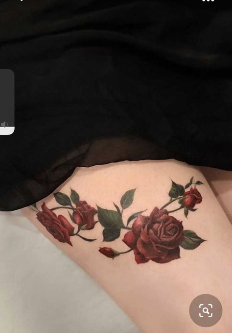 Rose Garter Tattoo, Garter Tattoos, Rose Vine Tattoos, Rose Tattoo Forearm, Rose Tattoo Thigh, Tato Minimal, Rose Hand Tattoo, Rose Tattoos For Women, Rose Tattoos For Men