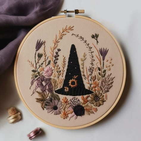 Witchy Embroidery Ideas, Witch Embroidery Ideas, Witchy Embroidery Patterns, Dark Academia Embroidery, Pagan Embroidery, Witchy Embroidery, Witch Cabin, Witch Embroidery, Diy Embroidery Flowers