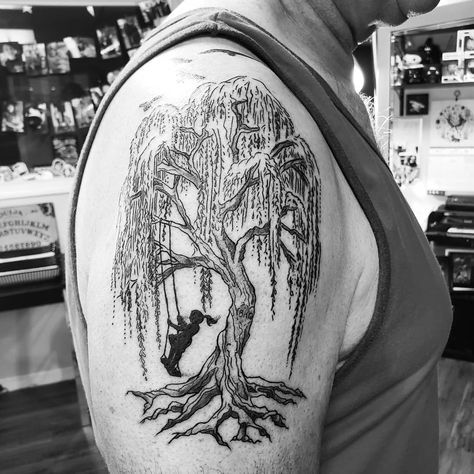 Weeping Willow Tree Tattoo, Tree Thigh Tattoo, Weeping Willow Tattoo, Willow Tattoo, Willow Tree Tattoo, Swing Tattoo, Yggdrasil Tattoo, Tree Tattoo Meaning, Feminine Shoulder Tattoos