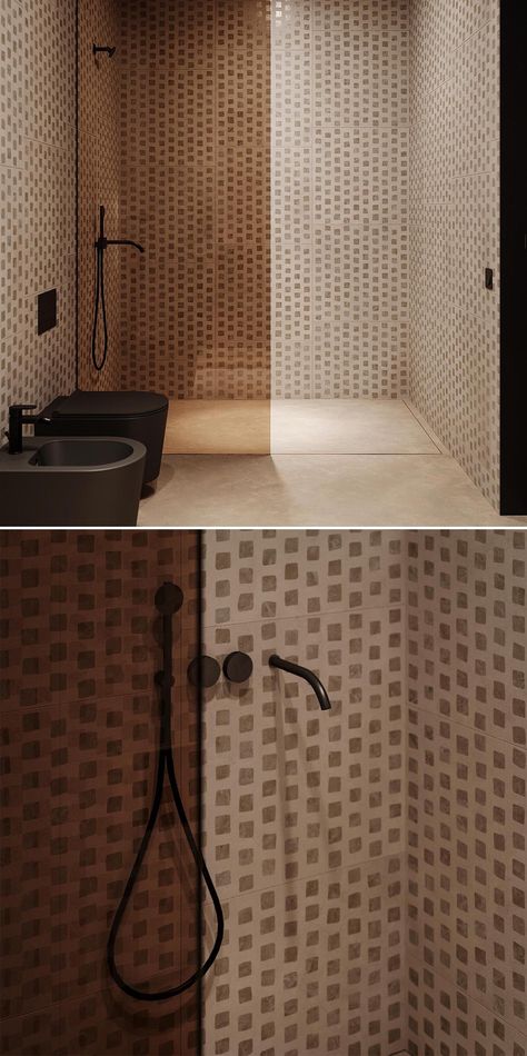 Glass Shower Screen, Glass Shower Wall, Terrazzo Bathroom, Bathroom Layouts, Shower Lighting, Tinted Glass, Wood Bed Frame, Upstairs Bathrooms, Lighting Design Interior