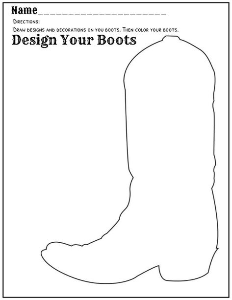 Design your boots color art worksheet Rodeo Crafts For Kids Western Theme, Texas Theme Crafts Preschool, Western Worksheets Preschool, Wild Wild West Preschool Crafts, Best In The West Theme, Cowboy Boot Printable, Cowboy Crafts For Preschoolers, Cowboy Craft Ideas, Cowboy Boot Coloring Page Free Printable