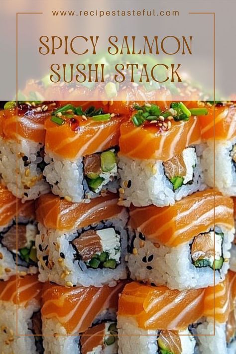 A flavorful and satisfying sushi stack that's perfect for a quick and easy meal. Salmon Sushi Stack, Cooked Salmon Sushi, Sushi Stacks Recipe, Sushi Stack, Sushi Stacks, Spicy Salmon Sushi, Cooked Salmon, Sushi Bake, Salmon Soy Sauce