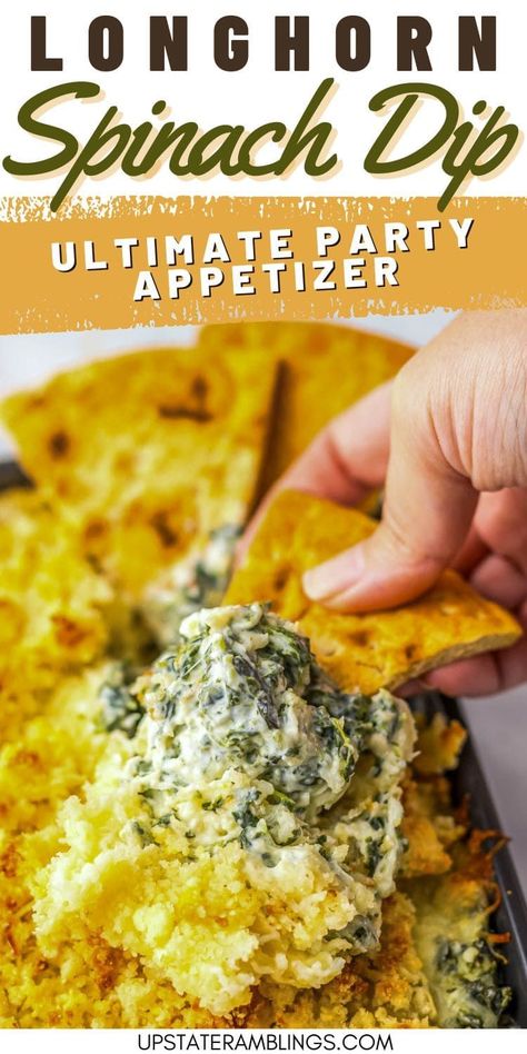 Make your next party unforgettable with The Ultimate Party Appetizer: Parmesan Crusted Spinach Dip! This rich and savory dip combines the goodness of spinach with a crispy parmesan topping, making it a standout dish. Serve it warm and watch it disappear as guests rave about its deliciousness! Longhorn Steakhouse Parmesan Crusted Spinach Dip, Spinach Parmesan Dip, Longhorn Parmesan Crusted Spinach Dip, Spinach Dip Warm, Longhorn Spinach Dip Recipe, Easy Warm Dip Recipes, Longhorn Spinach Dip, Sausage Spinach Dip, Parmesan Crusted Spinach Dip