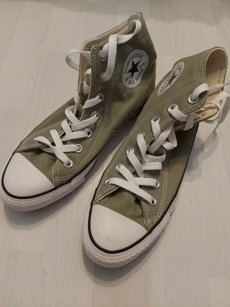 Green And Brown Converse, Earthy Converse, Green Converse Aesthetic, Olive Converse, Sage Green Shoes, Sage Green Quince, Sage Converse, Army Green Converse, Sage Green Converse