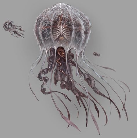 Just trying my best on Tumblr Jellyfish Monster Art, Jellyfish Concept Art, Jellyfish Monster, Squid Monster, Alien Parasite, Alien Horror, Water Monster, Lovecraftian Horror, Dark Creatures