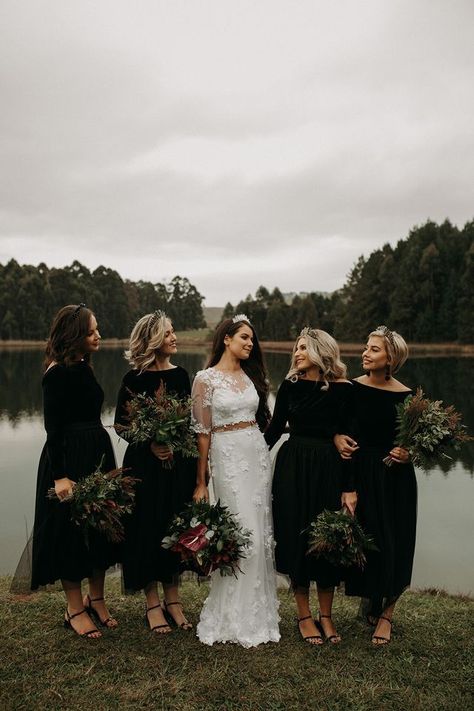 Moody and Romantic Autumnal Woodland Wedding Black Bridesmaid Dress Winter, Alternative Bridesmaid Dresses, Glam Bridesmaid Dresses, Alternative Bridesmaid, Glam Bridesmaid, Winter Bridesmaids, Winter Bridesmaid Dresses, Bridal Theme, Black Bridesmaid