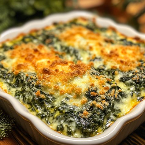 Creamed Spinach Casserole Cheesy Baked Spinach Casserole, Cheesy Creamed Spinach, Spinach And Cheese Casserole, Cheesy Spinach Casserole, Easy Spinach Casserole, Baked Spinach Casserole, Creamed Spinach Gratin, Green Vegetable Side Dish, Spinach Rice Casserole