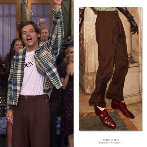 Harry Styles Fashion, Harry Outfits, Gucci Cruise, Harry Core, Harry Styles Outfit, Fashion Archive, Brown Trousers, Christopher Kane, Brown Pants