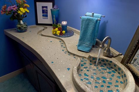 Concrete Bath Sinks modern bathroom counter-tops with sea glass. Wow. What an amazing idea!! Unusual Bathrooms, Concrete Bath, Unique Sinks, Bathroom Sink Design, Contemporary Bathroom Sinks, Modern Bathroom Sink, Creative Bathroom, Bath Sinks, Bathroom Themes